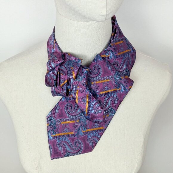 Women's Modern Magenta Paisley Ascot Tie Made From A Repurposed Silk Necktie - Picture 7 of 8